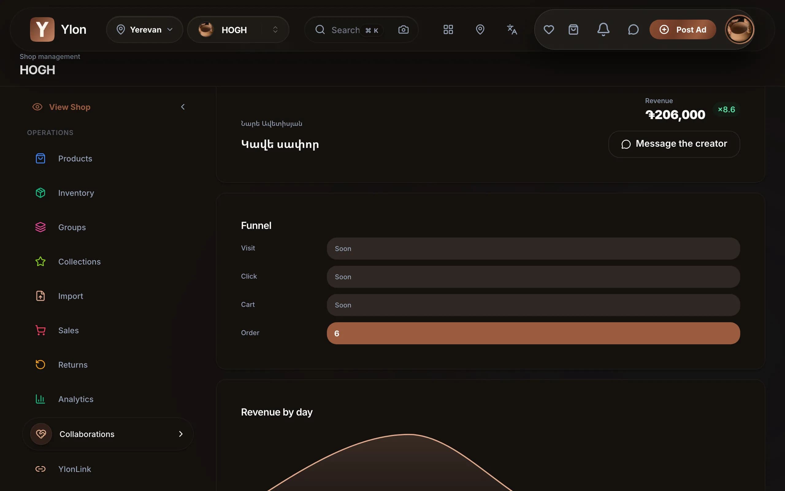 Collaboration analytics in the Ylon dashboard: click-through and order funnel, revenue, ROI