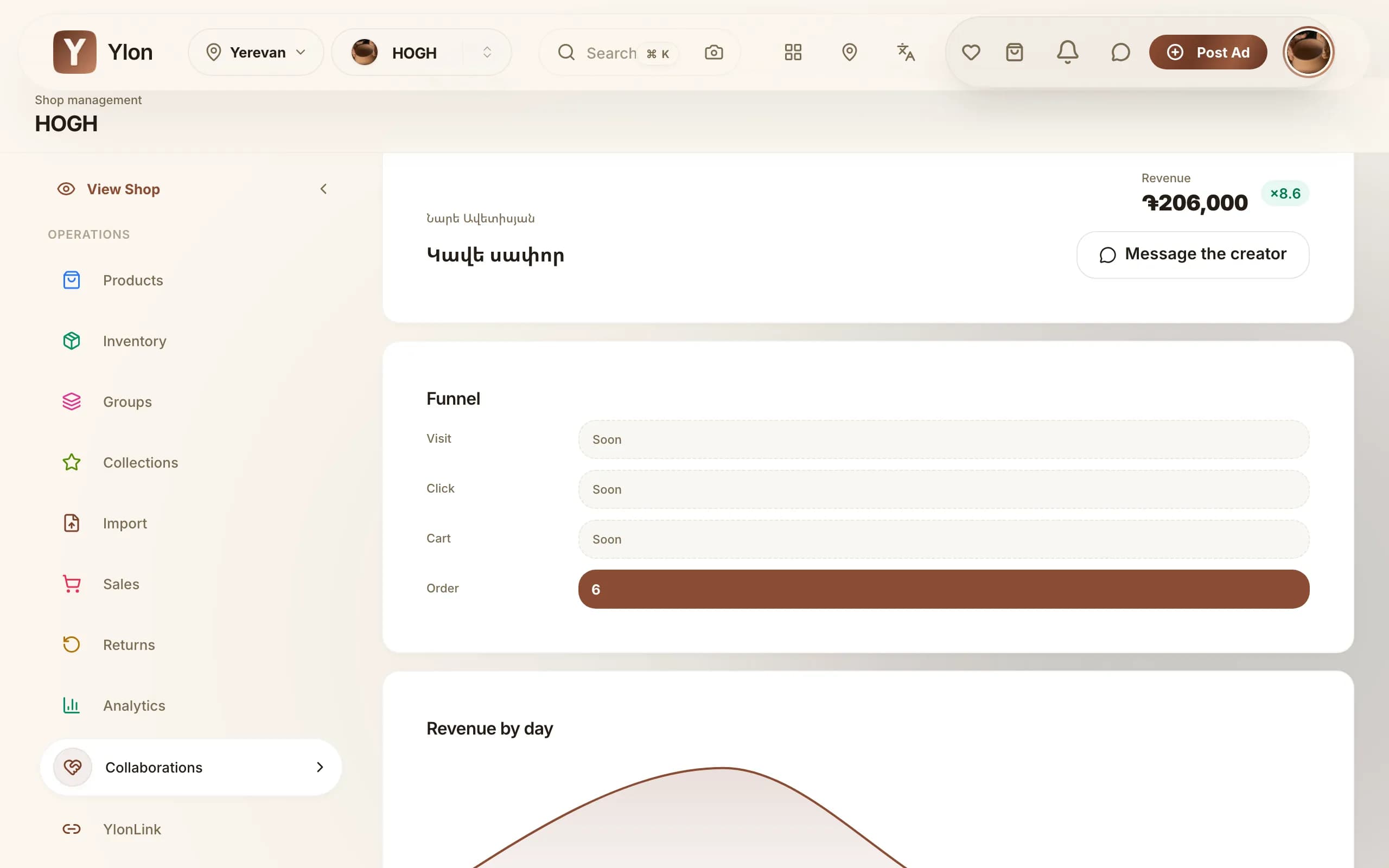 Collaboration analytics in the Ylon dashboard: click-through and order funnel, revenue, ROI