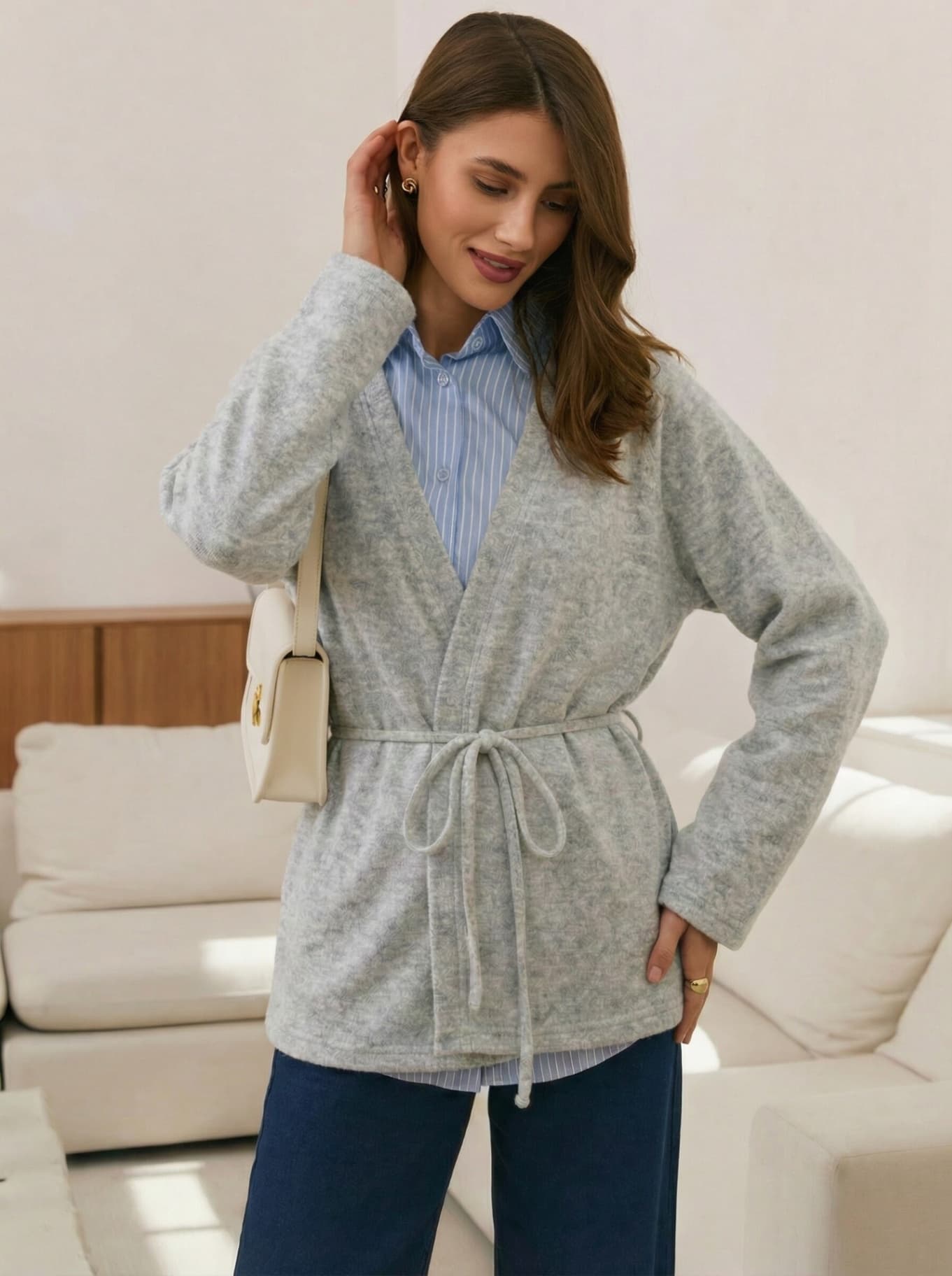 Кардиган халат с поясом на запах укороченный кимоно — 4