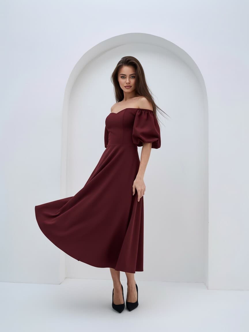 Платье вечернее миди со спущенными плечами с чашечками — 8