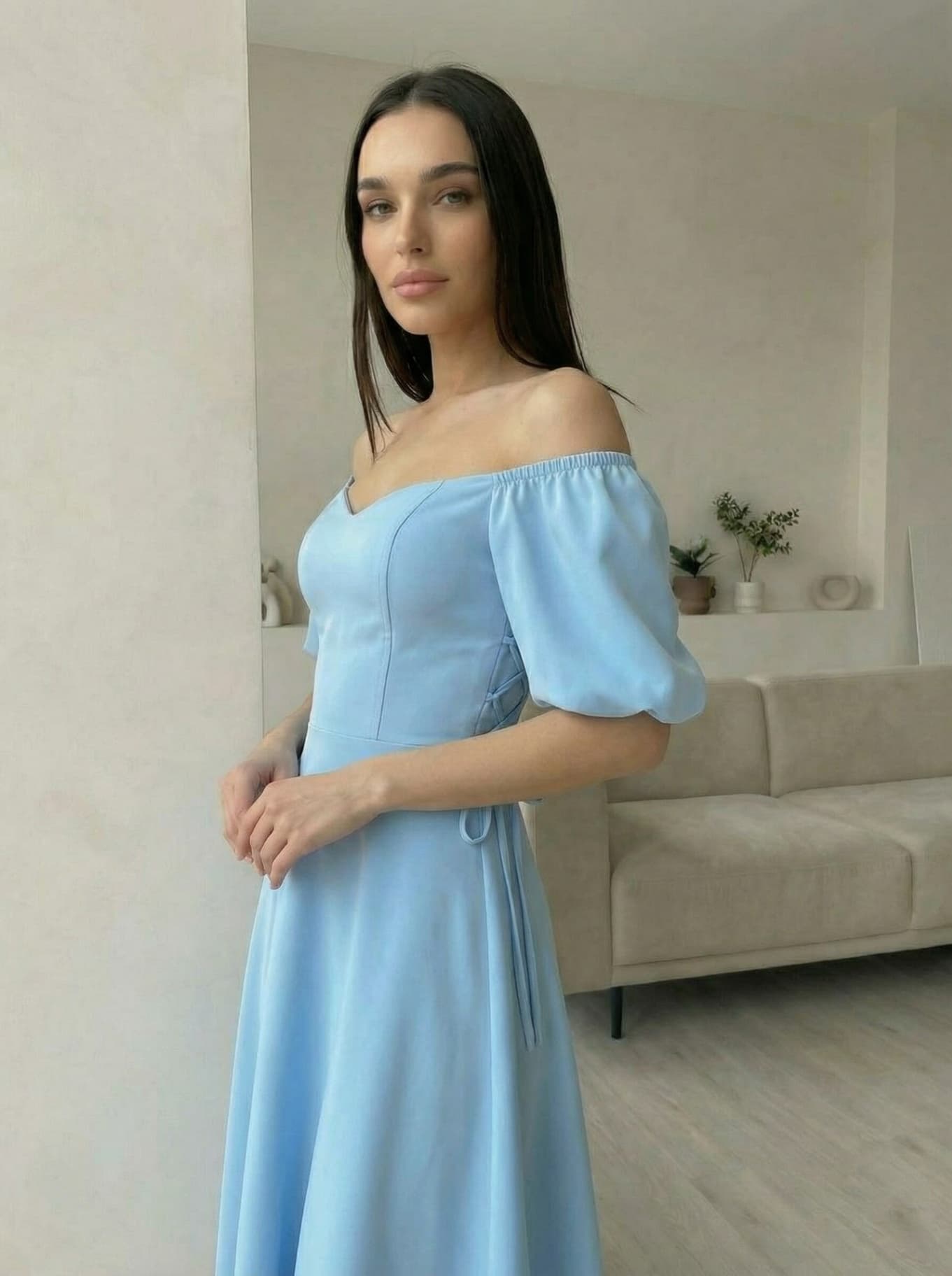 Платье вечернее миди со спущенными плечами с чашечками — 8