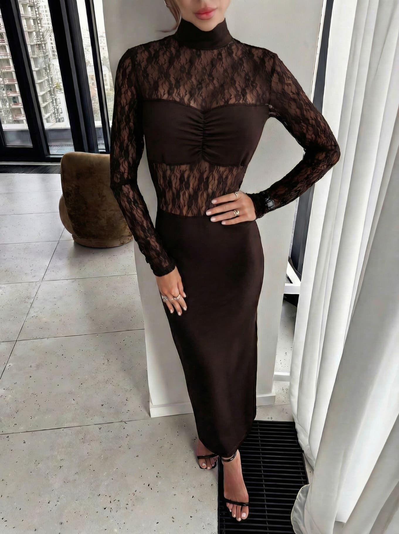 Платье кружевное с разрезом миди вечернее - 8