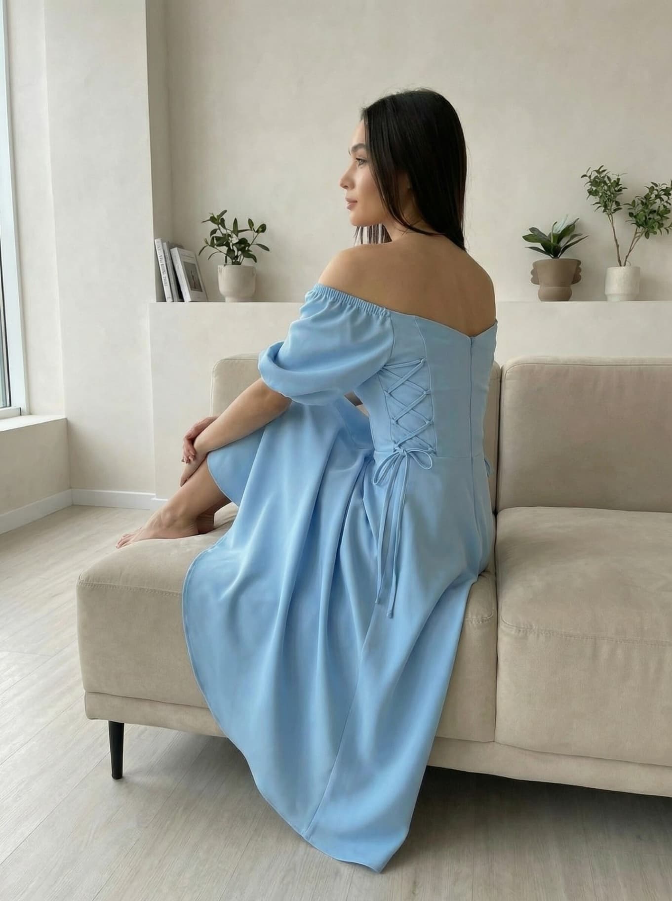 Платье вечернее миди со спущенными плечами с чашечками — 3