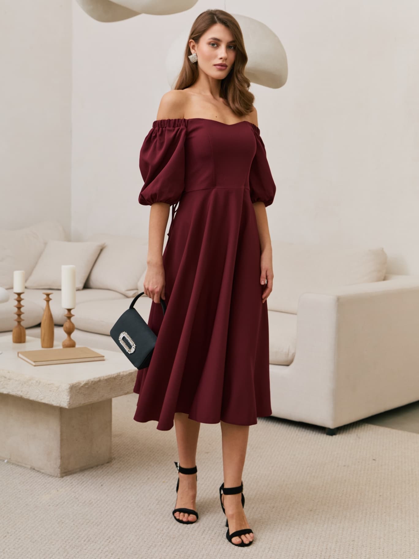 Платье вечернее миди со спущенными плечами с чашечками — 5
