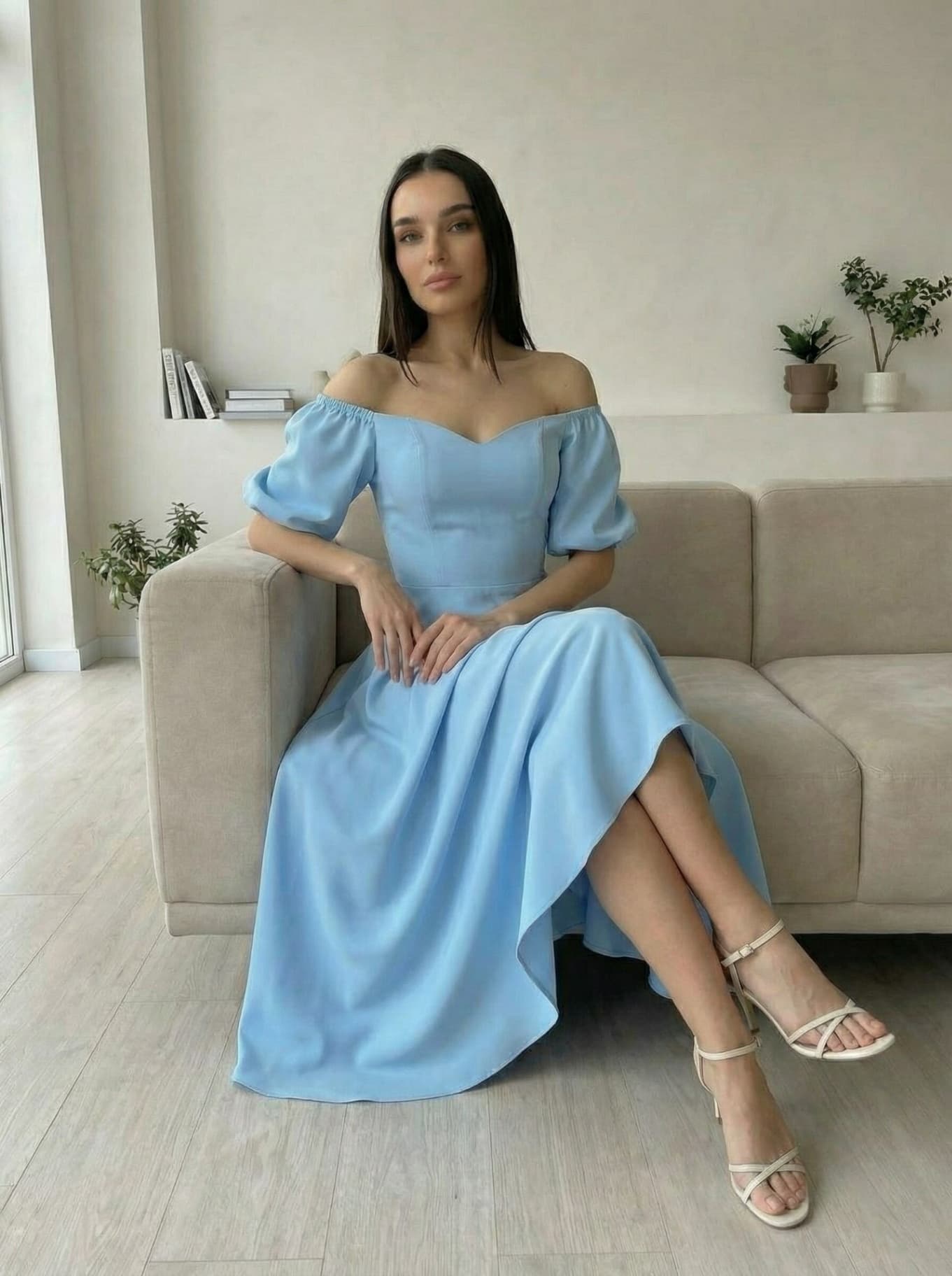 Платье вечернее миди со спущенными плечами с чашечками — 10