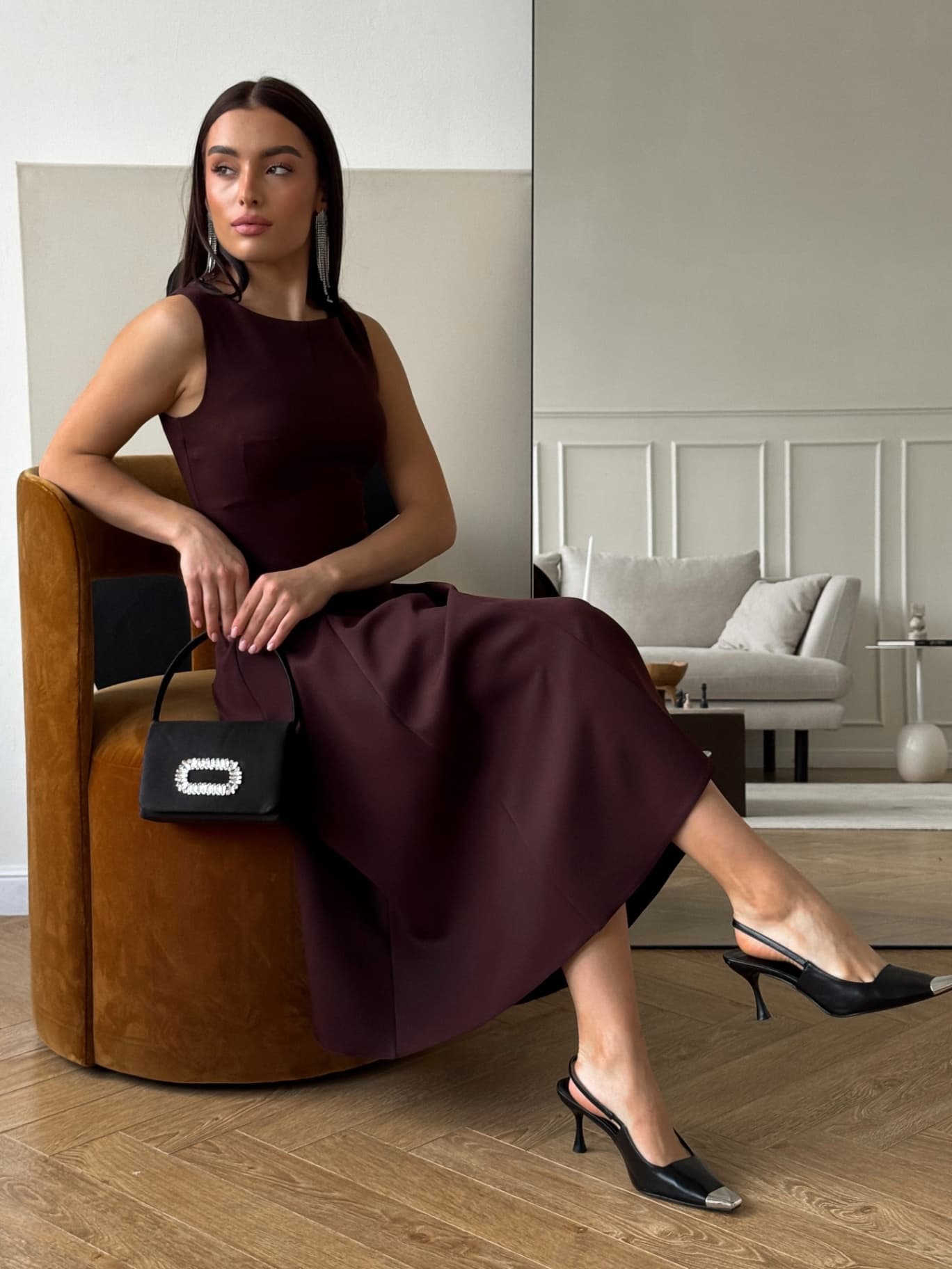 Платье с драпировкой вечернее миди с рукавами фонариками - image 5