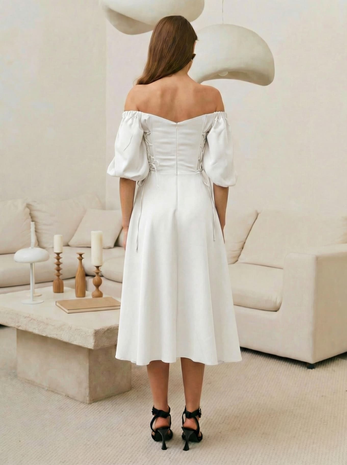 Платье вечернее миди со спущенными плечами с чашечками — 4