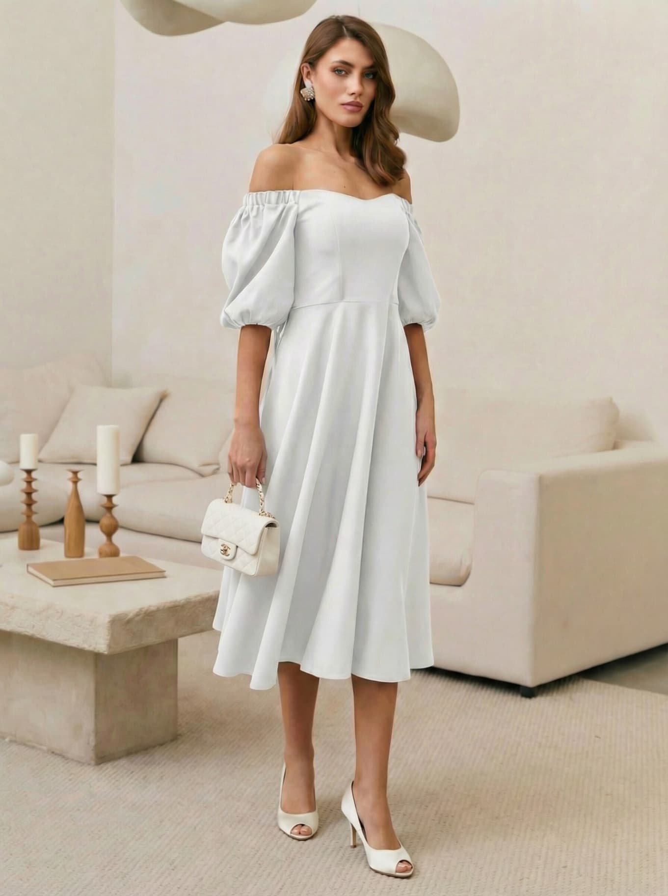 Платье вечернее миди со спущенными плечами с чашечками — 7