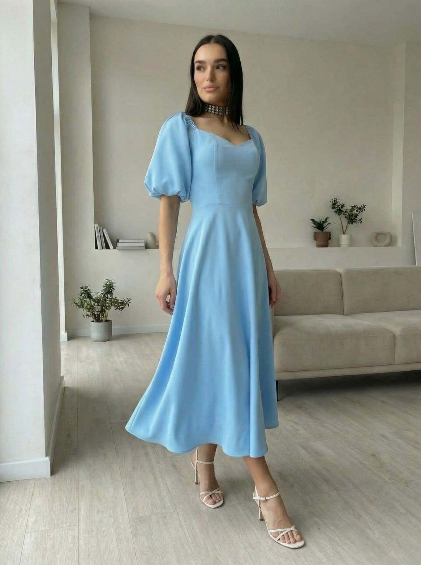 Платье вечернее миди со спущенными плечами с чашечками — 9