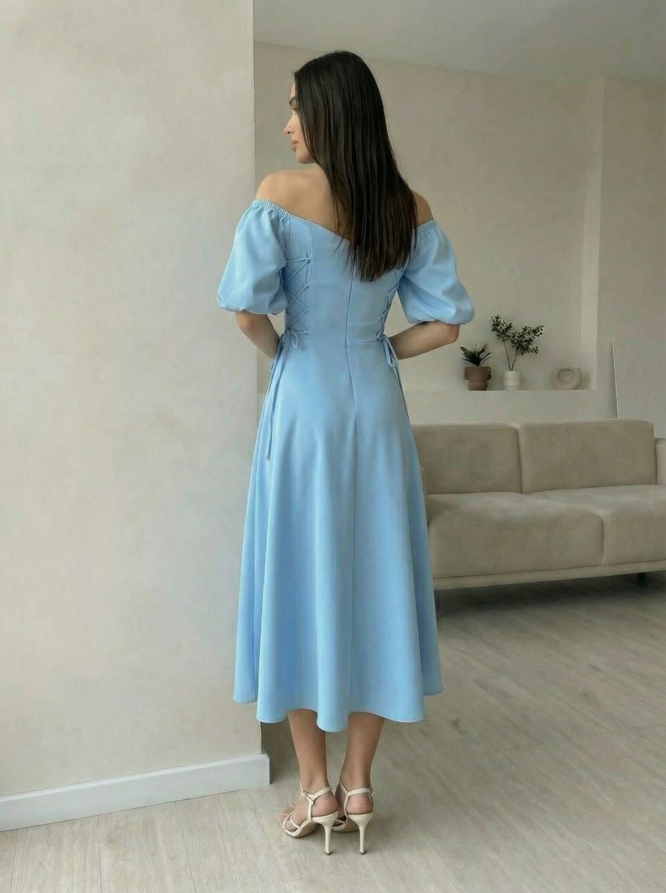 Платье вечернее миди со спущенными плечами с чашечками — 6